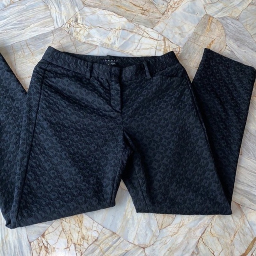 Theory Black Jacquard Geometric Textured Straight Leg Trousers Pants Size 2 - Picture 7 of 10
